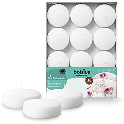 BOLSIUS - Velas flotantes Maxi - Blanco - 12 piezas - Ø 7,6cm - 8h de duración - Sin aroma - Cera de parafina BOLSIUS - Velas flotantes Maxi - Blanco - 12 piezas - Ø 7,6cm - 8h de duración - Sin aroma - Cera de parafina