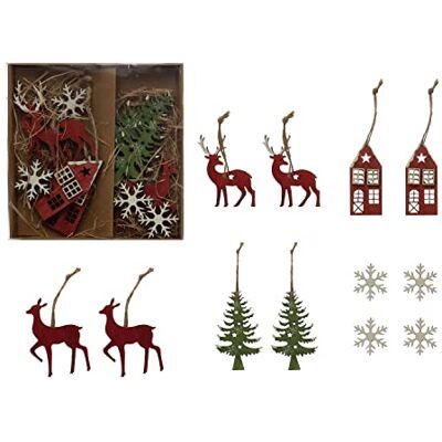 Creative Juego de 12 Adornos de Madera de Copo de Nieve, árbol, casa y Ciervo, Multicolor Creative Juego de 12 Adornos de Madera de Copo de Nieve, árbol, casa y Ciervo, Multicolor