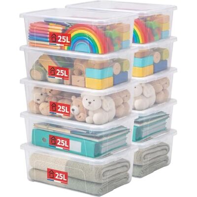 Sundis View Box, lote 10 cajas almacenaje plastico con tapa, 25l de capacidad, transparentes, apilables y combinables, ideales para guardar armarios, la oficina, el lavadero o el cuarto de baño Sundis View Box, lote 10 cajas almacenaje plastico con tapa, 25l de capacidad, transparentes, apilables y combinables, ideales para guardar armarios, la oficina, el lavadero o el cuarto de baño