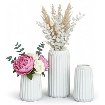 Relaxdays Set, Flores Frescas y secas, 3 tamaños, jarrón Decorativo de cerámica, Blanco, 100%, 20 x 10 x 10 cm Relaxdays Set, Flores Frescas y secas, 3 tamaños, jarrón Decorativo de cerámica, Blanco, 100%, 20 x 10 x 10 cm