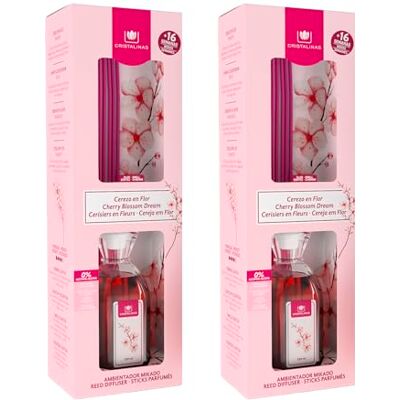 CRISTALINAS . Ambientador Mikado Clásico. Difusor con Varillas. Formula sin Alcohol. Máxima duración, más de 16 semanas. 180ml de Capacidad. Aroma Cerezo en Flor (2x180ml) CRISTALINAS . Ambientador Mikado Clásico. Difusor con Varillas. Formula sin Alcohol. Máxima duración, más de 16 semanas. 180ml de Capacidad. Aroma Cerezo en Flor (2x180ml)