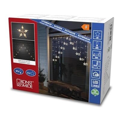 Konstsmide Cortina de luces LED, 12 estrellas transparentes, 85 diodos de luz blanca cálida, 4,5 V, exterior (IP44), cable transparente Konstsmide Cortina de luces LED, 12 estrellas transparentes, 85 diodos de luz blanca cálida, 4,5 V, exterior (IP44), cable transparente