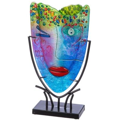 ART Jarrón Decorativo para el Rostro, jarrón de Cristal Pintado a Mano con Soporte de Metal, decoración de salón, Altura 38,5 cm, Multicolor ART Jarrón Decorativo para el Rostro, jarrón de Cristal Pintado a Mano con Soporte de Metal, decoración de salón, Altura 38,5 cm, Multicolor