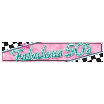 Beistle Pancarta de plástico de los años 50 de 5 pies de ancho con ojales para colgar, decoraciones de fiesta de Sock Hop, uso en interiores y exteriores, 12 pulgadas, rosa/azul/negro/blanco Beistle Pancarta de plástico de los años 50 de 5 pies de ancho con ojales para colgar, decoraciones de fiesta de Sock Hop, uso en interiores y exteriores, 12 pulgadas, rosa/azul/negro/blanco