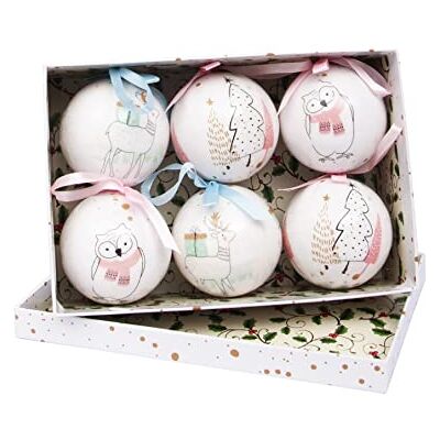 Ciao Set of 6 decoupage Christmas Tree Balls (Ø7,5cm) Merry Christmas Tree, Reindeer & Owl with Fabric Ribbon in giftbox Ciao Set of 6 decoupage Christmas Tree Balls (Ø7,5cm) Merry Christmas Tree, Reindeer & Owl with Fabric Ribbon in giftbox
