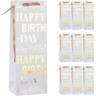 Idena 90548 Bolsas para botellas «Happy Birthday», 10 unidades, bolsas de regalo de 12,5 x 35 x 9 cm, bolsas de papel blancas con detalles dorados y plateados Idena 90548 Bolsas para botellas «Happy Birthday», 10 unidades, bolsas de regalo de 12,5 x 35 x 9 cm, bolsas de papel blancas con detalles dorados y plateados