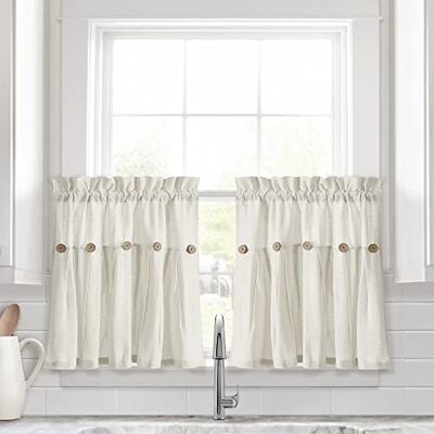 Lush Decor Paneles de Cortina de Lino con Botones para Ventana de Cocina, Color Blanco Roto, 29 x 24 + 2 Unidades Lush Decor Paneles de Cortina de Lino con Botones para Ventana de Cocina, Color Blanco Roto, 29 x 24 + 2 Unidades