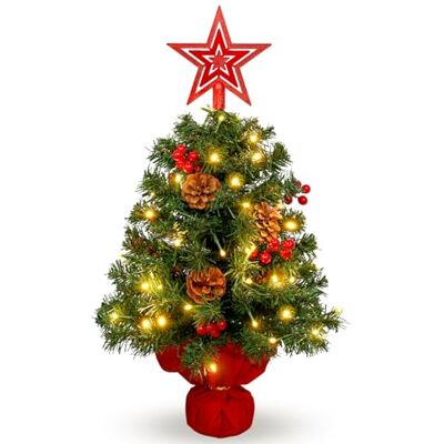 Uten Arbol de Navidad, 60 cm Mini Árbol de Navidad, con 50 Luces LED, Estrellas, 6 Grupo Bayas Rojas y Piñas, para Oficina, Salón, Alféizar de Ventana, Escritorio Decoración Navideña Uten Arbol de Navidad, 60 cm Mini Árbol de Navidad, con 50 Luces LED, Estrellas, 6 Grupo Bayas Rojas y Piñas, para Oficina, Salón, Alféizar de Ventana, Escritorio Decoración Navideña