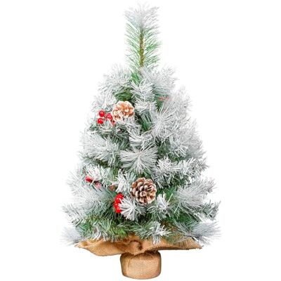 Uten Mini Árbol de Navidad Artificial de 60 cm, Árbol de Navidad Sobremesa con Efecto Nevado, con Piñas de Pino Rojo y Base de Cemento de Arpillera, Decoración Uten Mini Árbol de Navidad Artificial de 60 cm, Árbol de Navidad Sobremesa con Efecto Nevado, con Piñas de Pino Rojo y Base de Cemento de Arpillera, Decoración