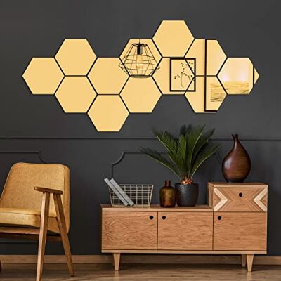 Ambiance Sticker 12 pegatinas de espejo hexágono dorado de 20 x 17 cm Adhesivos decorativos para salón, dormitorio, comedor, decoración del hogar Ambiance Sticker 12 pegatinas de espejo hexágono dorado de 20 x 17 cm Adhesivos decorativos para salón, dormitorio, comedor, decoración del hogar