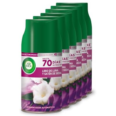 Air Wick Freshmatic Recambios de ambientador Spray automático, Esencia para casa con Aroma a Lirio de Luna y Satén de Seda Pack de 6, 1500 mililitro Air Wick Freshmatic Recambios de ambientador Spray automático, Esencia para casa con Aroma a Lirio de Luna y Satén de Seda Pack de 6, 1500 mililitro