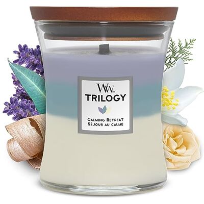Woodwick Trilogy vela perfumada mediana en forma de reloj de arena con Pluswick Innovation Retiro de paz Woodwick Trilogy vela perfumada mediana en forma de reloj de arena con Pluswick Innovation Retiro de paz