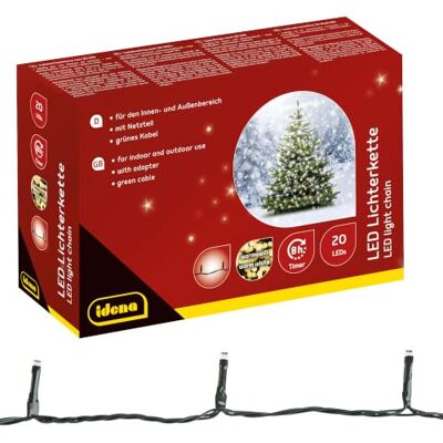 Idena Cadena de luces LED con 20 LEDs en blanco cálido, con función de temporizador de 8 horas y transformador, para uso en interiores y exteriores, para fiestas, navidad, decoración, bodas Idena Cadena de luces LED con 20 LEDs en blanco cálido, con función de temporizador de 8 horas y transformador, para uso en interiores y exteriores, para fiestas, navidad, decoración, bodas