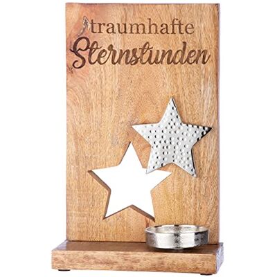 Gilde Portavelas Decorativas Soporte Vela con diseño de Estrella con Texto en alemán Home Sterns, decoración de Navidad de Madera, Color marrón y Plateado, Altura 32 cm Gilde Portavelas Decorativas Soporte Vela con diseño de Estrella con Texto en alemán Home Sterns, decoración de Navidad de Madera, Color marrón y Plateado, Altura 32 cm