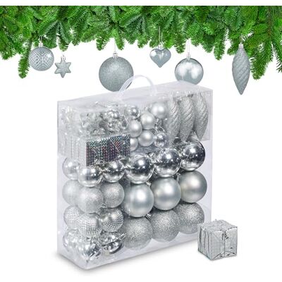Relaxdays - Set 110 Adornos Navideños Plateados para Árbol de Navidad - Decoración de Navidad Relaxdays - Set 110 Adornos Navideños Plateados para Árbol de Navidad - Decoración de Navidad
