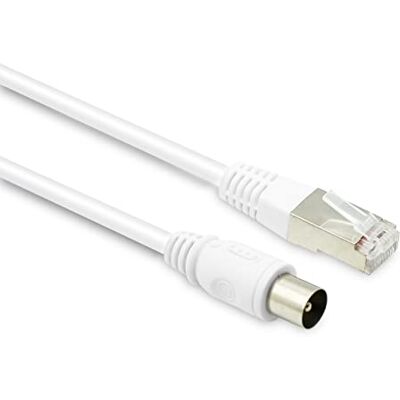 Metronic 395286 Cable coaxial RJ45/TV (9,52 mm, conector macho a macho para recepción, TDT, satélite, decodificador, antena – Cable de 5 metros blindado de contacto dorado, color blanco Metronic 395286 Cable coaxial RJ45/TV (9,52 mm, conector macho a macho para recepción, TDT, satélite, decodificador, antena – Cable de 5 metros blindado de contacto dorado, color blanco