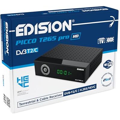 Edision Picco T265 Pro HD Modelo 2024 Receptor Terrestre TDT & por Cable DVB-T2/C H.265 HEVC FTA Full HD PVR, USB, HDMI, SCART, S/PDIF, Sensor IR, Soporte USB WiFi, Mando a Distancia Universal 2en1 Edision Picco T265 Pro HD Modelo 2024 Receptor Terrestre TDT & por Cable DVB-T2/C H.265 HEVC FTA Full HD PVR, USB, HDMI, SCART, S/PDIF, Sensor IR, Soporte USB WiFi, Mando a Distancia Universal 2en1