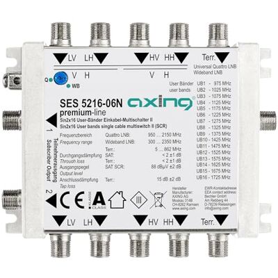 Axing SES 5216-06N Sat Conmutador múltiple (5 en 2 × 16 receptores, SATCR, unicable) Axing SES 5216-06N Sat Conmutador múltiple (5 en 2 × 16 receptores, SATCR, unicable)