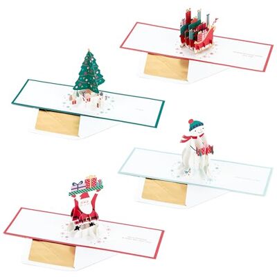 Hallmark Tarjeta de Navidad, 3D y tarjeta emergente, paquete de 4 en 4 diseños festivos, Papá Noel, árbol, trineo, muñeco de nieve, rojo, verde, azul Hallmark Tarjeta de Navidad, 3D y tarjeta emergente, paquete de 4 en 4 diseños festivos, Papá Noel, árbol, trineo, muñeco de nieve, rojo, verde, azul