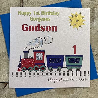 White Cotton Cards Tarjeta de Primer cumpleaños Hecha a Mano con el Texto en inglés Gorgeous Godson 1 choo, Color Blanco, , 16cm x 16cm White Cotton Cards Tarjeta de Primer cumpleaños Hecha a Mano con el Texto en inglés Gorgeous Godson 1 choo, Color Blanco, , 16cm x 16cm