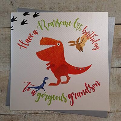 White Cotton Cards Tarjeta de felicitación de 6º cumpleaños con texto en inglés "Have a Roarsome 6th birthday to a gorgeous grandson" hecha a mano White Cotton Cards Tarjeta de felicitación de 6º cumpleaños con texto en inglés "Have a Roarsome 6th birthday to a gorgeous grandson" hecha a mano