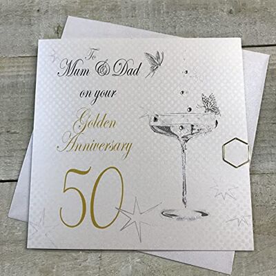 White Cotton Cards Tarjeta de 50 Aniversario Hecha a Mano con Texto en inglés To Mum and Dad on Your Golden Anniversary, , Blanco, 16 x 16 m White Cotton Cards Tarjeta de 50 Aniversario Hecha a Mano con Texto en inglés To Mum and Dad on Your Golden Anniversary, , Blanco, 16 x 16 m