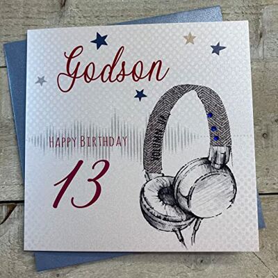 White Cotton Cards Tarjeta cumpleaños Hecha a Mano con diseño de Auriculares con Texto en inglés Godson 13 Happy Birthday, Color Blanco, , Algodón, 16cm x 16cm White Cotton Cards Tarjeta cumpleaños Hecha a Mano con diseño de Auriculares con Texto en inglés Godson 13 Happy Birthday, Color Blanco, , Algodón, 16cm x 16cm