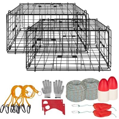 VEVOR Trampa para Cangrejos Cuadrada 2 Piezas, 62 x 62 x 30 cm, Trampa de Red de Pesca Malla de Alambre Recubierta de PVC, con Medidor, Flotador, Cuerda con Núcleo de Plomo de 30 m y Guantes VEVOR Trampa para Cangrejos Cuadrada 2 Piezas, 62 x 62 x 30 cm, Trampa de Red de Pesca Malla de Alambre Recubierta de PVC, con Medidor, Flotador, Cuerda con Núcleo de Plomo de 30 m y Guantes