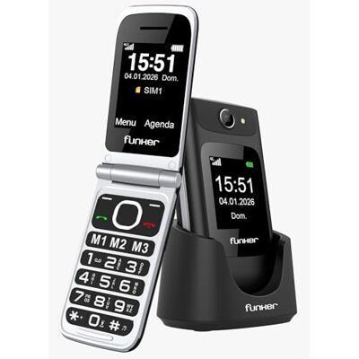 Funker C250 Comfort Power 4G Teléfono Móvil de Tapa para Mayores, Base de Carga, Teclado de Alto Contraste, Botón SOS, Fácil de Usar, 3 Memorias Directas, Batería de 1450 mAh, Negro Funker C250 Comfort Power 4G Teléfono Móvil de Tapa para Mayores, Base de Carga, Teclado de Alto Contraste, Botón SOS, Fácil de Usar, 3 Memorias Directas, Batería de 1450 mAh, Negro