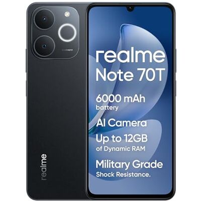 realme Smartphone Note 70T,4+64GB, Batería De 6000mAh, Diseño Ultrafino de 7,94 mm, IP54 Protección ArmorShell, Next AI, Sin Cargador, Negro realme Smartphone Note 70T,4+64GB, Batería De 6000mAh, Diseño Ultrafino de 7,94 mm, IP54 Protección ArmorShell, Next AI, Sin Cargador, Negro