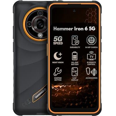Hammer H Iron Teléfono móvil para Exteriores, sin Contrato, 8/256 GB, 5G, Pantalla de 6,56'' y 120 Hz, 6050 mAh, 65 MP, Android 15, NFC, biometría, Radio FM, Jack 3,5 mm, Doble SIM, Negro-Naranja Hammer H Iron Teléfono móvil para Exteriores, sin Contrato, 8/256 GB, 5G, Pantalla de 6,56'' y 120 Hz, 6050 mAh, 65 MP, Android 15, NFC, biometría, Radio FM, Jack 3,5 mm, Doble SIM, Negro-Naranja