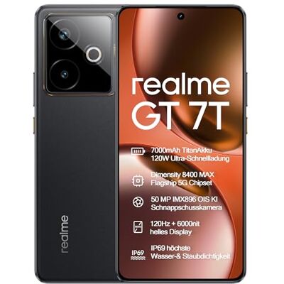 realme GT 7T 5G Smartphone,12+256GB, Batería de 7000 mAh,Carga de 120W,Procesador Dimensity 8400-MAX,IMX896 50MP Cámara,AI Planner,Pantalla Pro-Esports de 6000 nits120Hz,IP69,Negro, EU Version realme GT 7T 5G Smartphone,12+256GB, Batería de 7000 mAh,Carga de 120W,Procesador Dimensity 8400-MAX,IMX896 50MP Cámara,AI Planner,Pantalla Pro-Esports de 6000 nits120Hz,IP69,Negro, EU Version