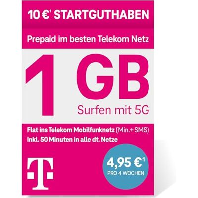 Deutsche Telekom MagentaMobil Prepaid S Tarjeta SIM sin Contrato, 5G, Incluye I1 GB & Flat in Mobilfunknetz,50 Minutos Gratis en Todas Las Otras Redes I Surf con 5G/LTE MAX 10 EUR Deutsche Telekom MagentaMobil Prepaid S Tarjeta SIM sin Contrato, 5G, Incluye I1 GB & Flat in Mobilfunknetz,50 Minutos Gratis en Todas Las Otras Redes I Surf con 5G/LTE MAX 10 EUR