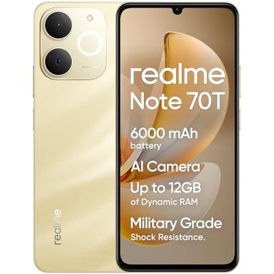 realme Smartphone Note 70T,4+64GB, Batería De 6000mAh, Diseño Ultrafino de 7,94 mm, IP54 Protección ArmorShell, Next AI, Sin Cargador, Oro realme Smartphone Note 70T,4+64GB, Batería De 6000mAh, Diseño Ultrafino de 7,94 mm, IP54 Protección ArmorShell, Next AI, Sin Cargador, Oro
