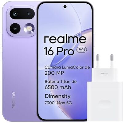 realme 16 Pro 5G Smartphone, 8GB+256GB, Pantalla AMOLED 144Hz 6,78", Batería 6500mAh, Cámara 200MP OIS, IP69K, Carga Rápida 45W, Dual SIM, Next AI, Violeta (con Adaptador) realme 16 Pro 5G Smartphone, 8GB+256GB, Pantalla AMOLED 144Hz 6,78", Batería 6500mAh, Cámara 200MP OIS, IP69K, Carga Rápida 45W, Dual SIM, Next AI, Violeta (con Adaptador)