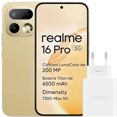 realme 16 Pro 5G Smartphone, 8GB+256GB, Pantalla AMOLED 144Hz 6,78", Batería 6500mAh, Cámara 200MP OIS, IP69K, Carga Rápida 45W, Dual SIM, Next AI, Oro realme 16 Pro 5G Smartphone, 8GB+256GB, Pantalla AMOLED 144Hz 6,78", Batería 6500mAh, Cámara 200MP OIS, IP69K, Carga Rápida 45W, Dual SIM, Next AI, Oro