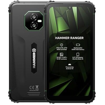 Hammer H Ranger Teléfono móvil para Exteriores, Smartphone, 4G LTE, 6 GB/256 GB, 5000 mAh, Pantalla de 6', Angular de 50 MP, IP69, Gorilla Glass 5, NFC, biometría, Conector de 3,5 mm, Dual-SIM, eSIM Hammer H Ranger Teléfono móvil para Exteriores, Smartphone, 4G LTE, 6 GB/256 GB, 5000 mAh, Pantalla de 6', Angular de 50 MP, IP69, Gorilla Glass 5, NFC, biometría, Conector de 3,5 mm, Dual-SIM, eSIM