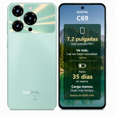 Oukitel HD+ 120Hz Teléfonos Inteligentes, 64MP+8MP, Batería 6000mAh, 16GB RAM+128GB ROM/ 1TB, Android 15 Smartphone, 4G Dual SIM/Face ID/Fingerprint-Verde Oukitel HD+ 120Hz Teléfonos Inteligentes, 64MP+8MP, Batería 6000mAh, 16GB RAM+128GB ROM/ 1TB, Android 15 Smartphone, 4G Dual SIM/Face ID/Fingerprint-Verde