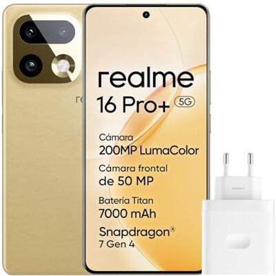 realme 16 Pro+ 5G Smartphone, 8GB+256GB, Pantalla Curva AMOLED 144Hz 6,8", Batería 7000mAh, Cámara 200MP OIS, IP69K, Carga Rápida 80W, Dual SIM, Next AI, Oro (con Adaptador) realme 16 Pro+ 5G Smartphone, 8GB+256GB, Pantalla Curva AMOLED 144Hz 6,8", Batería 7000mAh, Cámara 200MP OIS, IP69K, Carga Rápida 80W, Dual SIM, Next AI, Oro (con Adaptador)