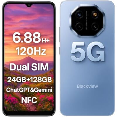 Blackview Shark 6 5G Teléfono Inteligente con IA, 24GB+128GB, Pantalla 6.88" HD+ 120Hz, 3 Asistentes IA Integrados, Cámara 16MP+8MP, Dual 5G Dual SIM, Android 15 Smartphone Móvil Libre, NFC, Azul Blackview Shark 6 5G Teléfono Inteligente con IA, 24GB+128GB, Pantalla 6.88" HD+ 120Hz, 3 Asistentes IA Integrados, Cámara 16MP+8MP, Dual 5G Dual SIM, Android 15 Smartphone Móvil Libre, NFC, Azul