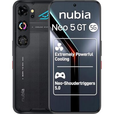 nubia ZTE Neo 5 GT 5G, Smartphone Gaming con IA, 12GB+256GB, Gatillos Laterales, Ventilador físico Incorporado, Pantalla AMOLED 6,8" 1.5K 144Hz, 6210mAh Doble celda, Android 16, Negro (Phantom Black) nubia ZTE Neo 5 GT 5G, Smartphone Gaming con IA, 12GB+256GB, Gatillos Laterales, Ventilador físico Incorporado, Pantalla AMOLED 6,8" 1.5K 144Hz, 6210mAh Doble celda, Android 16, Negro (Phantom Black)