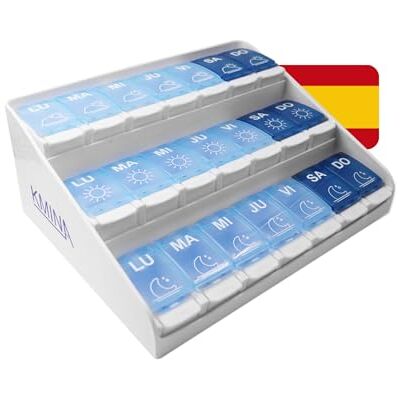 KMINA Pastillero Semanal 3 Tomas Español, Grande, Organizador de Medicamentos, Patentado Fabricado en España KMINA Pastillero Semanal 3 Tomas Español, Grande, Organizador de Medicamentos, Patentado Fabricado en España
