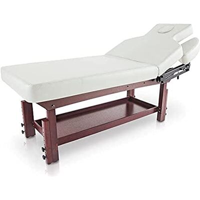 QUIRUMED Camilla de SPA con Bandeja Inferior, Color Blanco Roto, Estructura Madera, Polipiel, Altura Ajustable, Respaldo abatible, Reposabrazos, Agujero Facial, 2 cuerpos QUIRUMED Camilla de SPA con Bandeja Inferior, Color Blanco Roto, Estructura Madera, Polipiel, Altura Ajustable, Respaldo abatible, Reposabrazos, Agujero Facial, 2 cuerpos