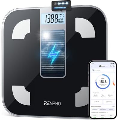 Escala de peso corporal RENPHO - Energía solar digital para baño con Bluetooth y medición de grasa corporal Escala de peso corporal RENPHO - Energía solar digital para baño con Bluetooth y medición de grasa corporal