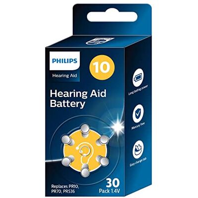 Philips x30 Pilas 1.4V para Audífonos 10 (Hearing Aid Battery) ZA10BX30/00, Tecnología Premium Zinc Air, Batería Larga Duración, Abre-Fácil, Tipo PR10, 70 y 536 (30 Unidades) Color Amarillo Philips x30 Pilas 1.4V para Audífonos 10 (Hearing Aid Battery) ZA10BX30/00, Tecnología Premium Zinc Air, Batería Larga Duración, Abre-Fácil, Tipo PR10, 70 y 536 (30 Unidades) Color Amarillo