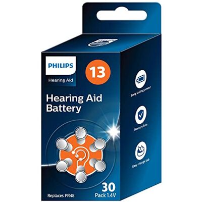 Philips x30 Pilas 1.4V para Audífonos 13 (Hearing Aid Battery) ZA13BX30/00, Tecnología Premium Zinc Air, Batería de Máxima Duración, Pestaña Abre-Fácil, Tipo PR48 (30 Unidades) Color Naranja Philips x30 Pilas 1.4V para Audífonos 13 (Hearing Aid Battery) ZA13BX30/00, Tecnología Premium Zinc Air, Batería de Máxima Duración, Pestaña Abre-Fácil, Tipo PR48 (30 Unidades) Color Naranja