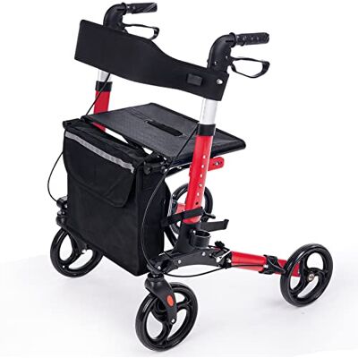 GIMA Andador Compact plegable, estructura ligera de aluminio rojo, asiento en tejido de malla, correa de tracción hacia arriba, GIMA Andador Compact plegable, estructura ligera de aluminio rojo, asiento en tejido de malla, correa de tracción hacia arriba,