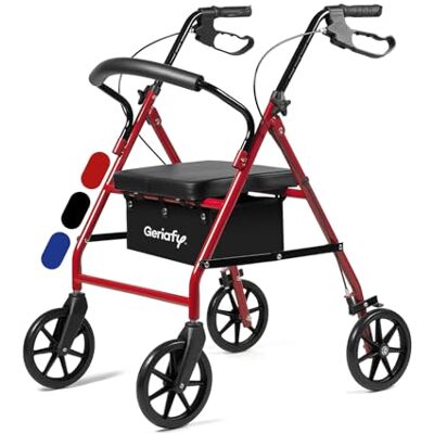 Geriafy Andador plegable Lambda Max con asiento y ruedas de 20 cm, Rojo Geriafy Andador plegable Lambda Max con asiento y ruedas de 20 cm, Rojo