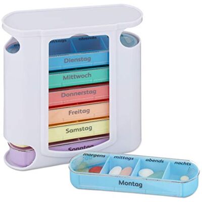 Relaxdays Pastillero Semanal 4 Tomas, Rótulos en Alemán, PP-ABS, Blanco-Multicolor, 13 x 11,5 x 4,5 cm Relaxdays Pastillero Semanal 4 Tomas, Rótulos en Alemán, PP-ABS, Blanco-Multicolor, 13 x 11,5 x 4,5 cm