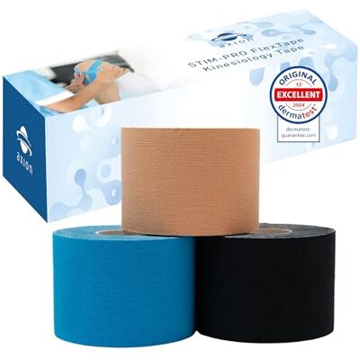Axion ® Set de 3 Kinesiotape de diferentes colores. DERMATEST: MUY BUENO Producto sanitario certificado Cintas kinesiológicas elásticas Rollos sin cortes y resistentes al agua Axion ® Set de 3 Kinesiotape de diferentes colores. DERMATEST: MUY BUENO Producto sanitario certificado Cintas kinesiológicas elásticas Rollos sin cortes y resistentes al agua